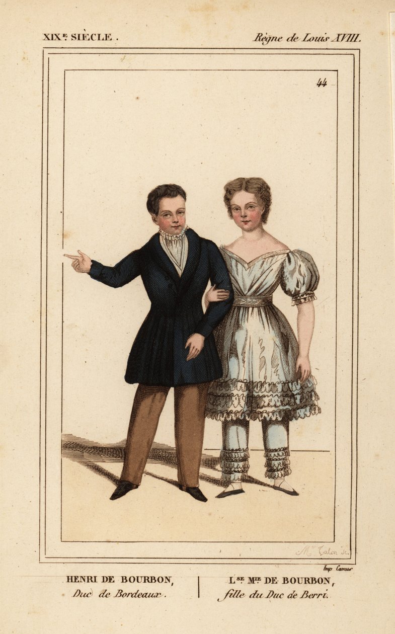 Henry, greve af Chambord, hertug af Bordeaux 1820-1883 og Louise Marie Therese af Artois, datter af hertugen af Berry 1819-1870. Håndkoloreret litografi af Madame Calon fra Le Bibliophile Jacob aka Paul Lacroix