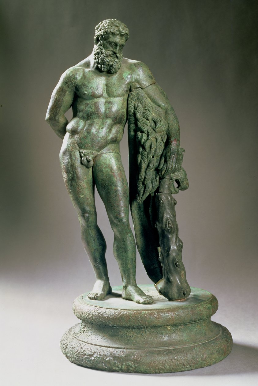 Herakles (Hercules) hvilende, en reduceret kopi af en original af Lysippos (c.390-s.310 BC) græsk, c.320 BC (bronze) af Unbekannt