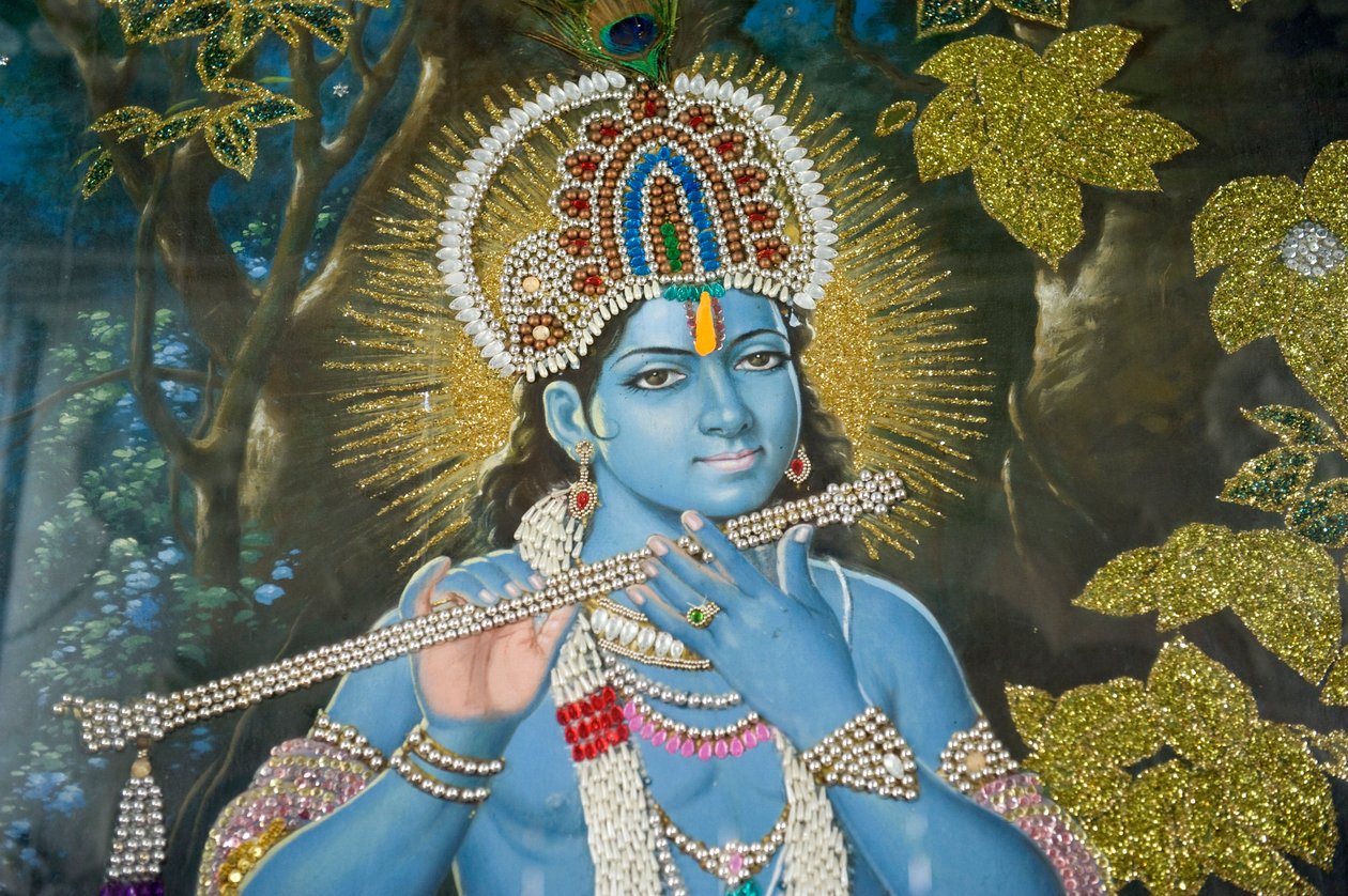 hinduisme; maleri af Lord Krishna med fløjte; Durgiana Mandir Vishnu-templet; Amritsar; Punjab; Indien; Syd Asien; Asien af Unbekannt