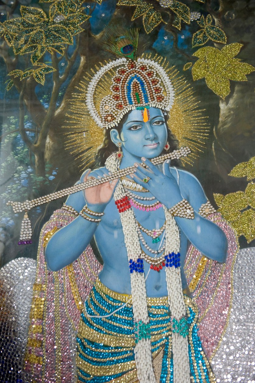 hinduisme; maleri af Lord Krishna med fløjte; Durgiana Mandir Vishnu-templet; Amritsar; Punjab; Indien; Syd Asien; Asien af Unbekannt
