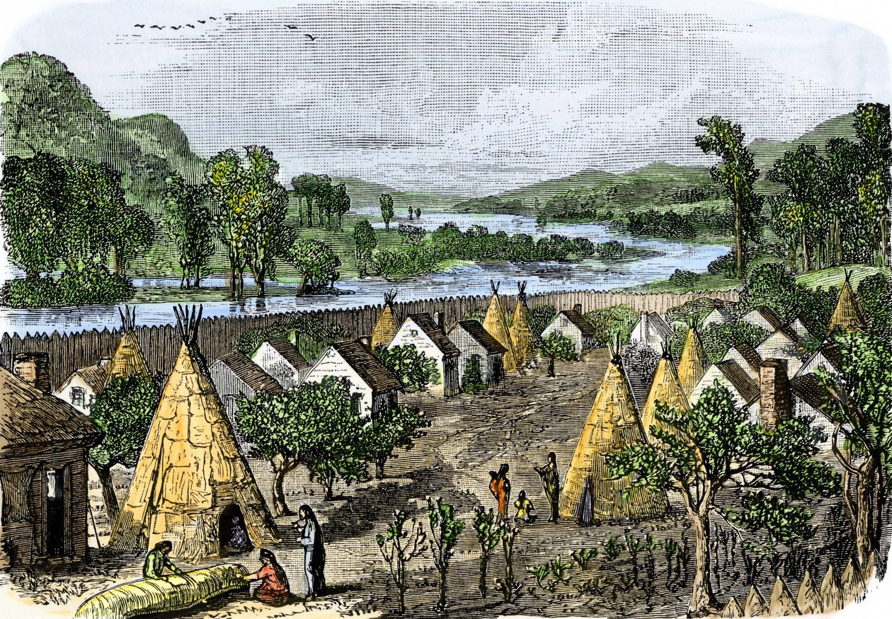 Oprindelige folks historie: Mohawk Village, New York, omkring 1780. Farverigt kobberstik fra det 19. århundrede. af Unbekannter Künstler