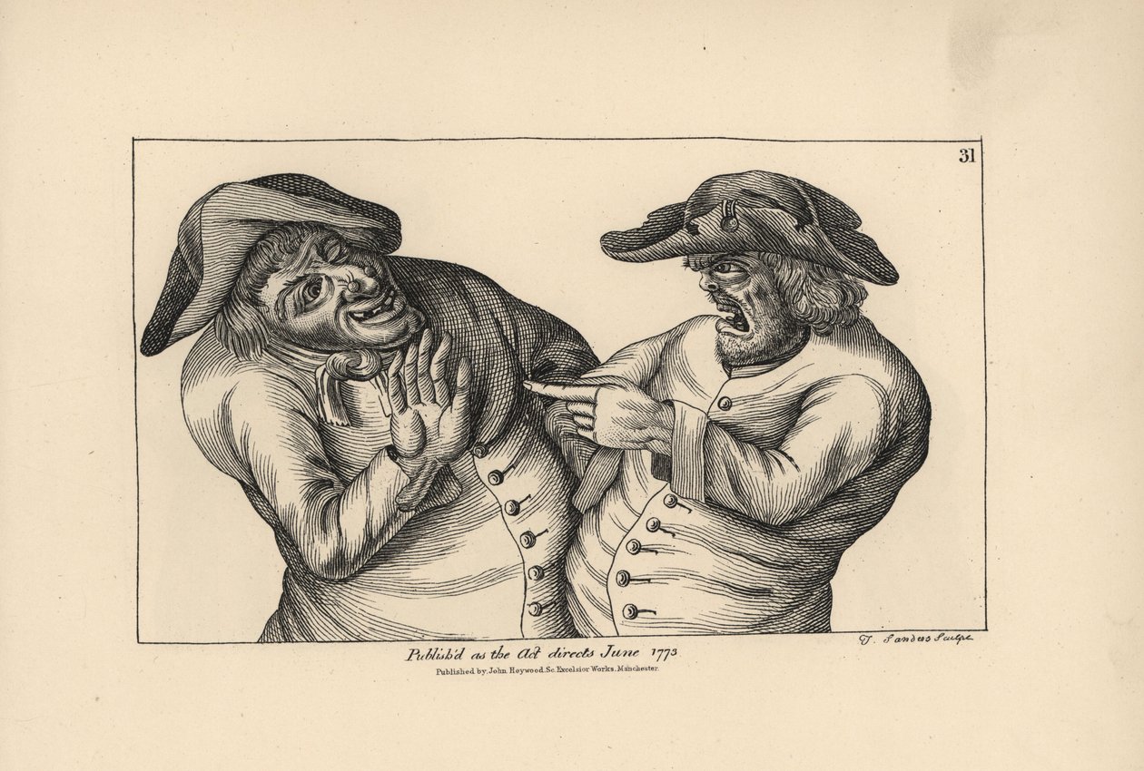 Hodge og Roaf beskylder hinanden for at efterlade en potte med pis i stedet for en kande med øl. Kobberstik af Thomas Sanders efter en satirisk illustration af Timothy Bobbin (John Collier) (1708-1786) fra Human Passions Delineated, John Haywood, Mancheste af Unbekannter Künstler