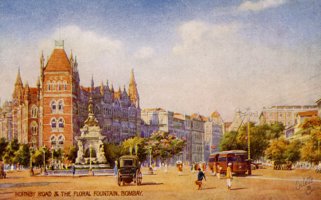 Hornby Road og blomsterfontænen, Mumbai (Bombay) af Unbekannter Künstler