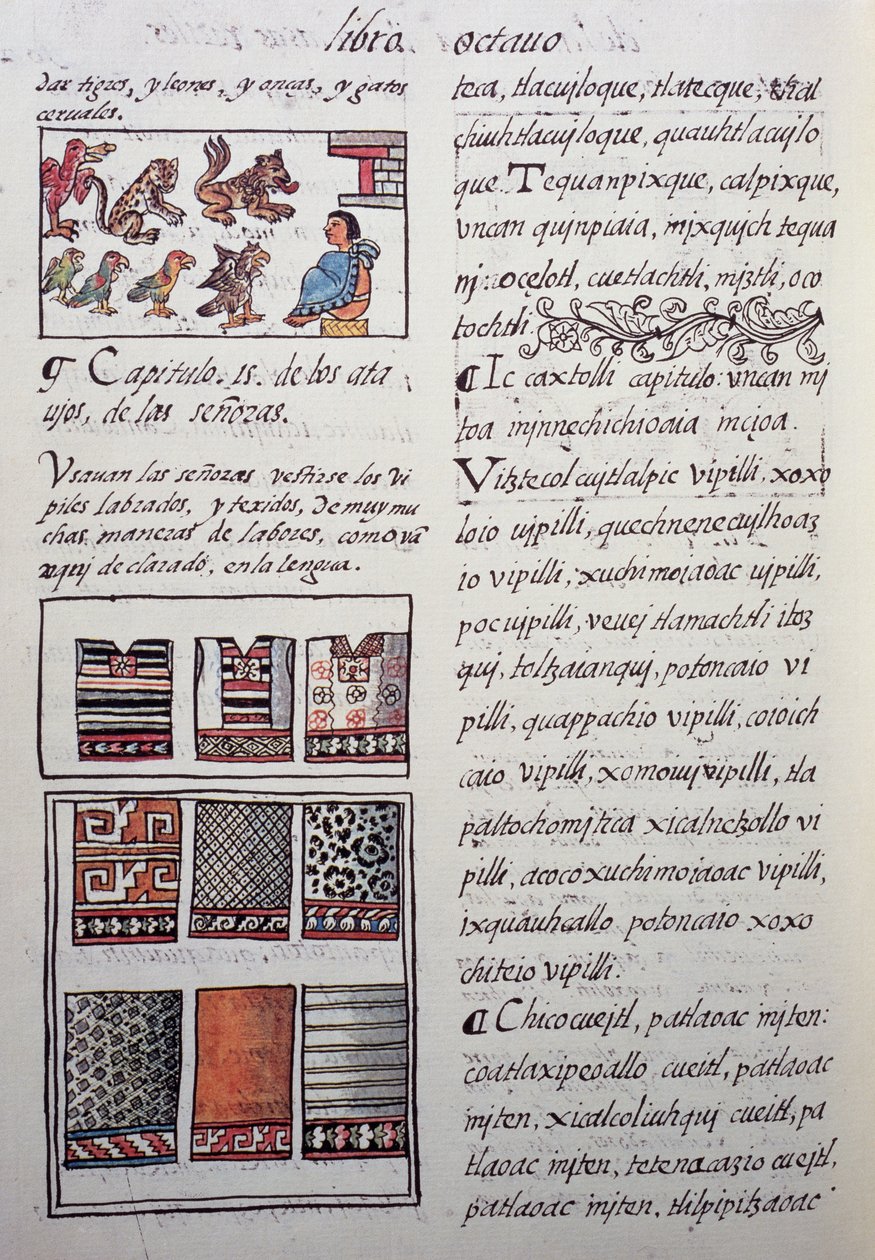 Huipil, kvindelig beklædningsgenstand båret af adelen med broderede bluser, bog VIII af Florentine Codex, General History of Things of New Spain, af den spanske missionær Fray Bernardino de Sahagun. Aztekisk civilisation af William M. Timlin
