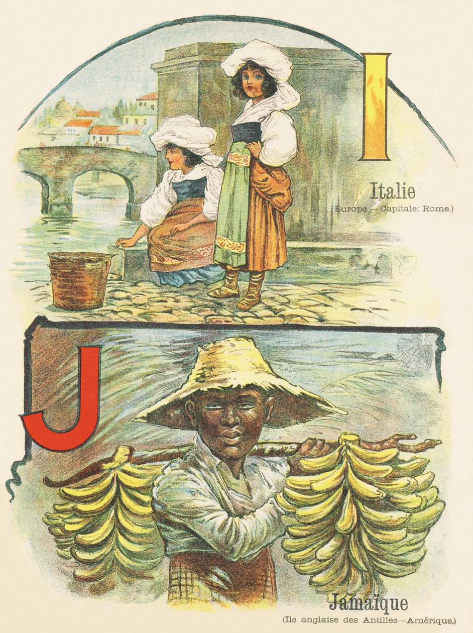 I J: Italien, Jamaica - ABC af de to verdener. Emile Guerin, forlag, Paris, omkring 1900. Mål: 27,5 x 21,5 cm af Unbekannt