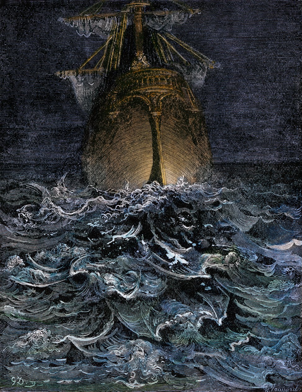 Jeg så havet i forrådnelse, skroget af et skib på havet om natten - Illustration af Gustave Dore (1832-1883) til "La Lournte du vieux sailor" af Samuel Taylor Coleridge (1772-1834) - Koloreret stik af Unbekannter Künstler