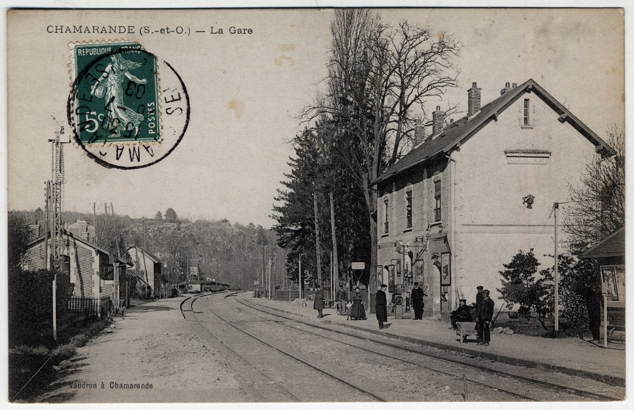 Ile de France, Essonne (91), Chamarande: udsigt over togstationen - Postkort dateret 1908 af William M. Timlin