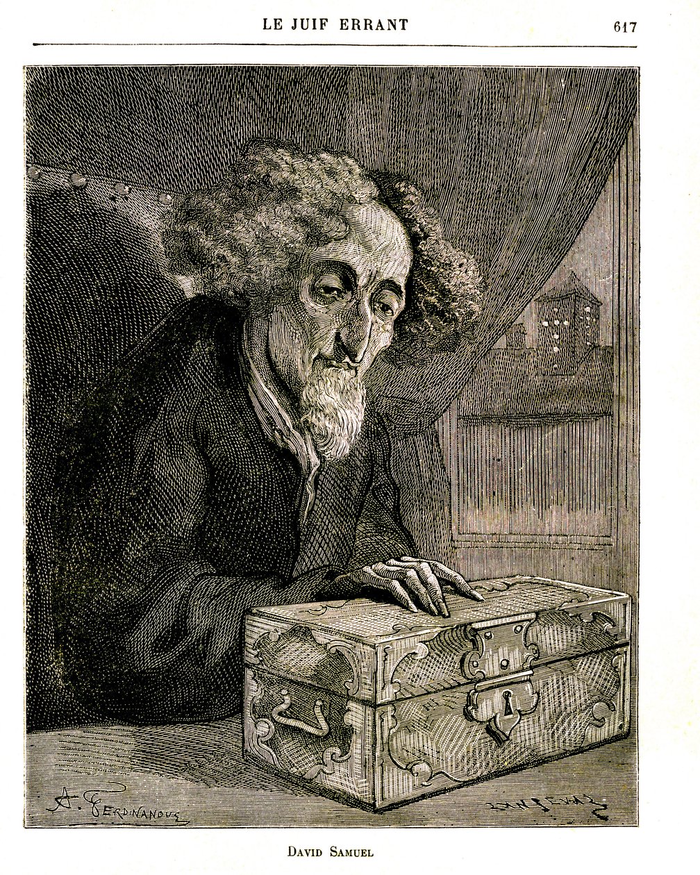 Illustration af Eugene Sues roman "Den vandrende jøde"" - Indgravering af FERDINANDUS i Jules Rouff-udgaven af 1883. David Samuel, vogteren af De Rennepont-familiens ejendom, med kassetten (kisten) indeholdende værdipapirerne, aktierne, vekslerne af Unbekannt
