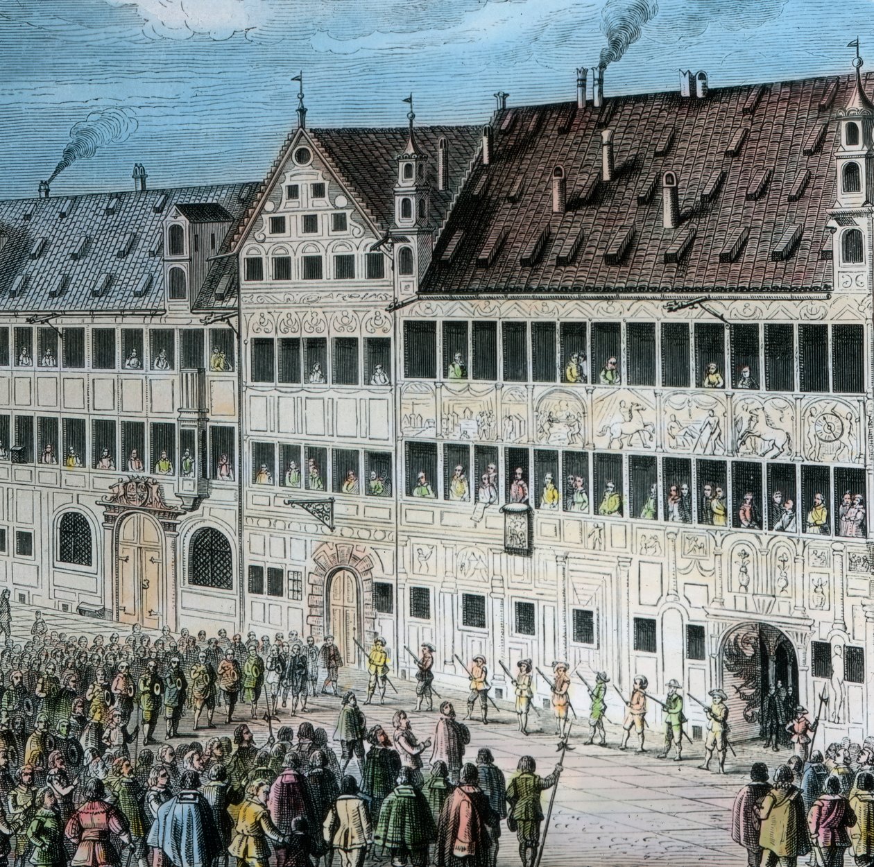 Foran Fugger-huset på Weinmarkt i byen Augsburg hylder folk den svenske kong Gustav Adolf af Unbekannter Künstler