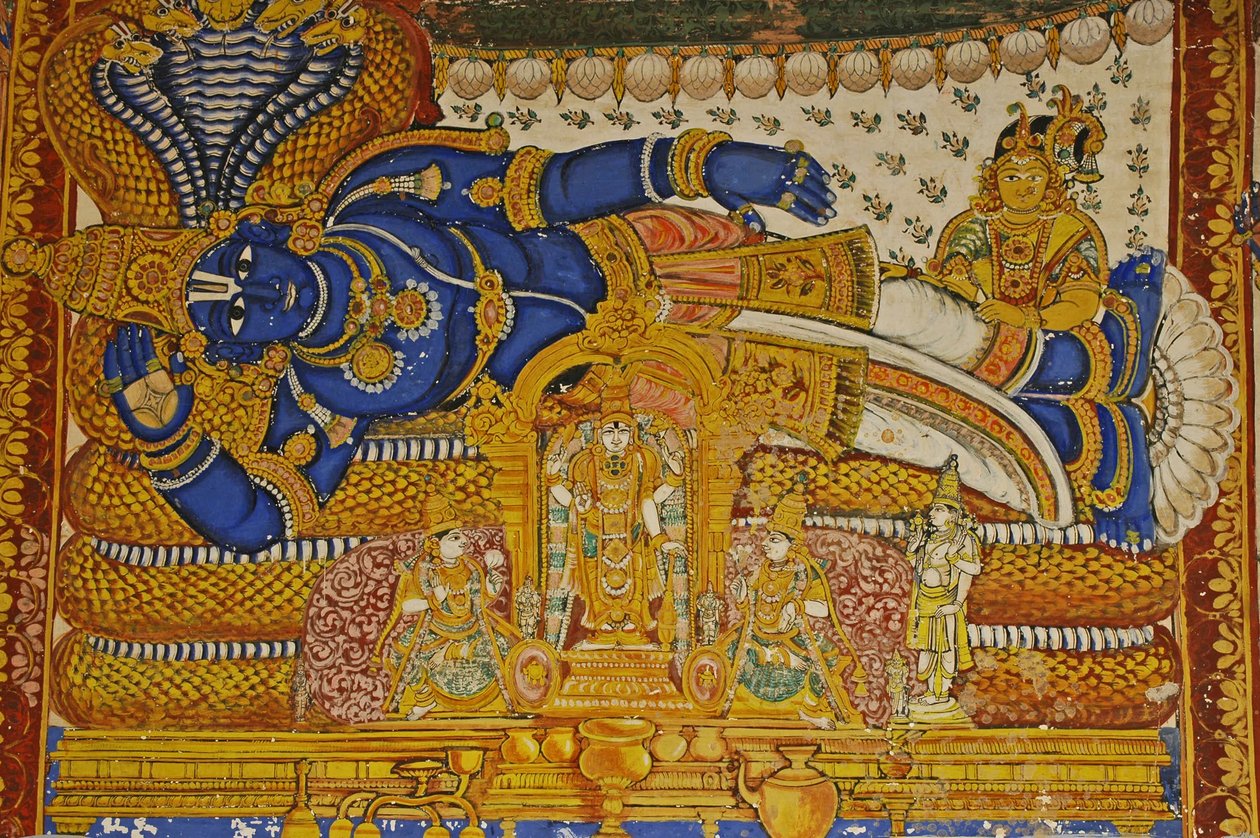 Indien, Tamil Nadu, Srirangam, Sri Ranganathasvami hinduistiske tempel (oprindeligt 10. århundrede), vægmaleri af Vishnu. af Unbekannt