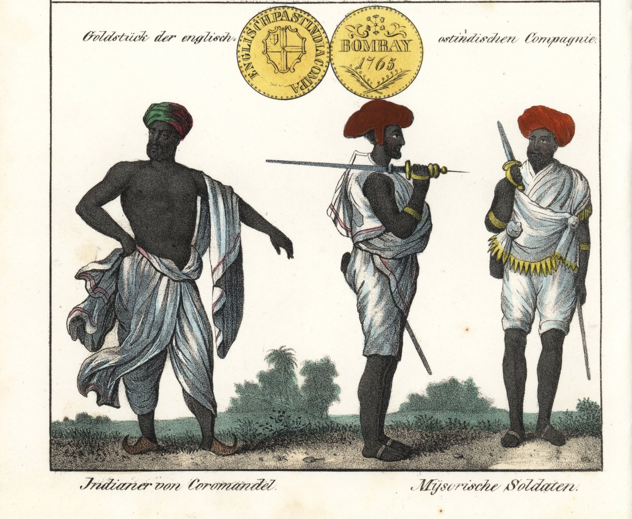 Indiske dragter: en mand fra Coromandel-kysten og to soldater fra Mysore (eller Maissour). Med en guldmønt fra Det Ostindiske Kompagni. Litografi til bogen: "Galerie complete en tableaux fideles des peuples d