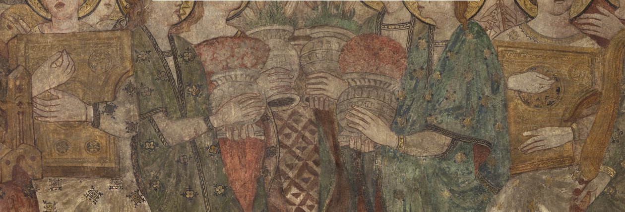 Interiør. Nordlig krydsning. Alter (Altar de las pinturas murales). Original fra hovedkapellet. Vægmalerier (fresko?). Detalje. Slut 14. århundrede. af Unbekannt