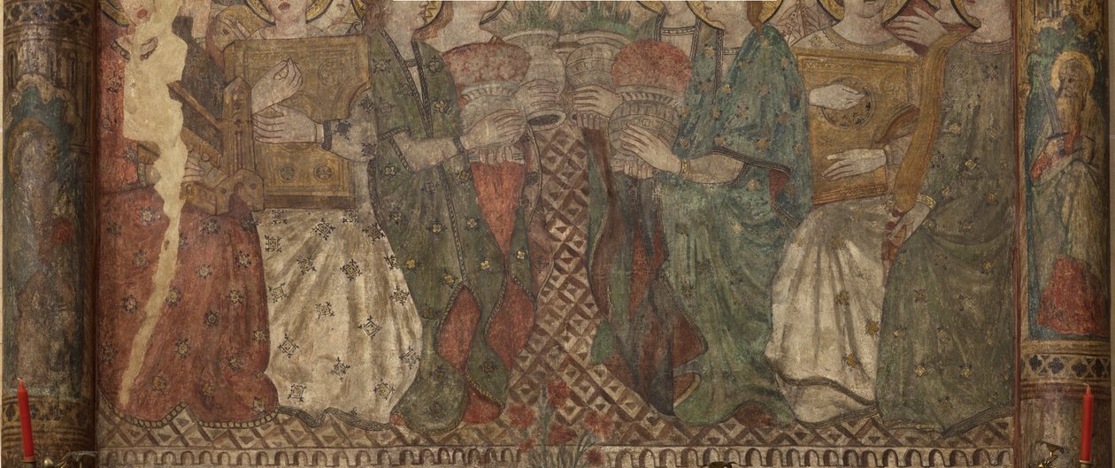 Interiør. Nordlig krydsning. Alter (Altar de las pinturas murales). Original fra hovedkapellet. Vægmalerier (fresko?). Detalje. Slut 14. århundrede. af Unbekannt