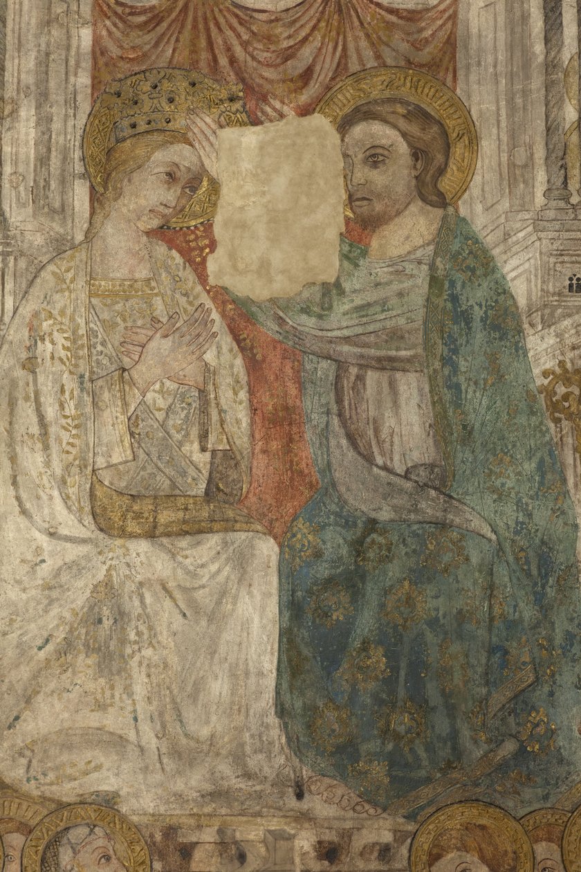 Interiør. Nordlig krydsning. Alter (Altar de las pinturas murales). Original fra hovedkapellet. Vægmalerier (fresko?). Detalje. Slut 14. århundrede. af Unbekannt