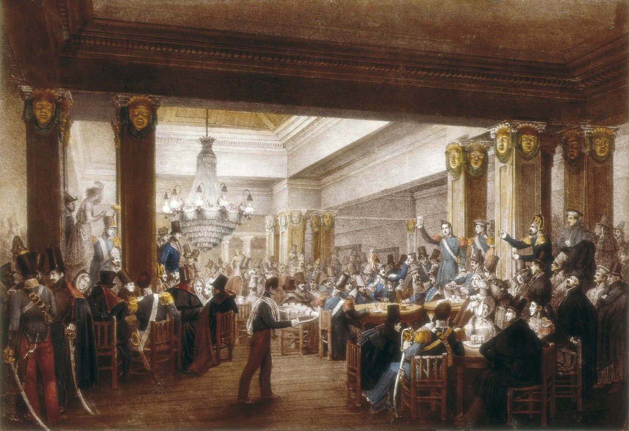 Interiørbillede af "cafe Nuevo". Madrid, S.XIX. Kobberstik. SPANIEN. MADRID (SELVSTYRENDE REGION). Madrid. Museum for historie af Unbekannter Künstler