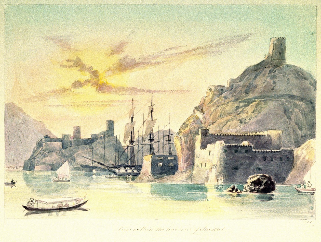 Interiørbillede af havnen i Muscat (Oman) med beskrivelse af befæstede bygninger og fortøjede skibe. Oberstløjtnant Paint Charles Hamilton Smith (1776-1859) af Unbekannter Künstler