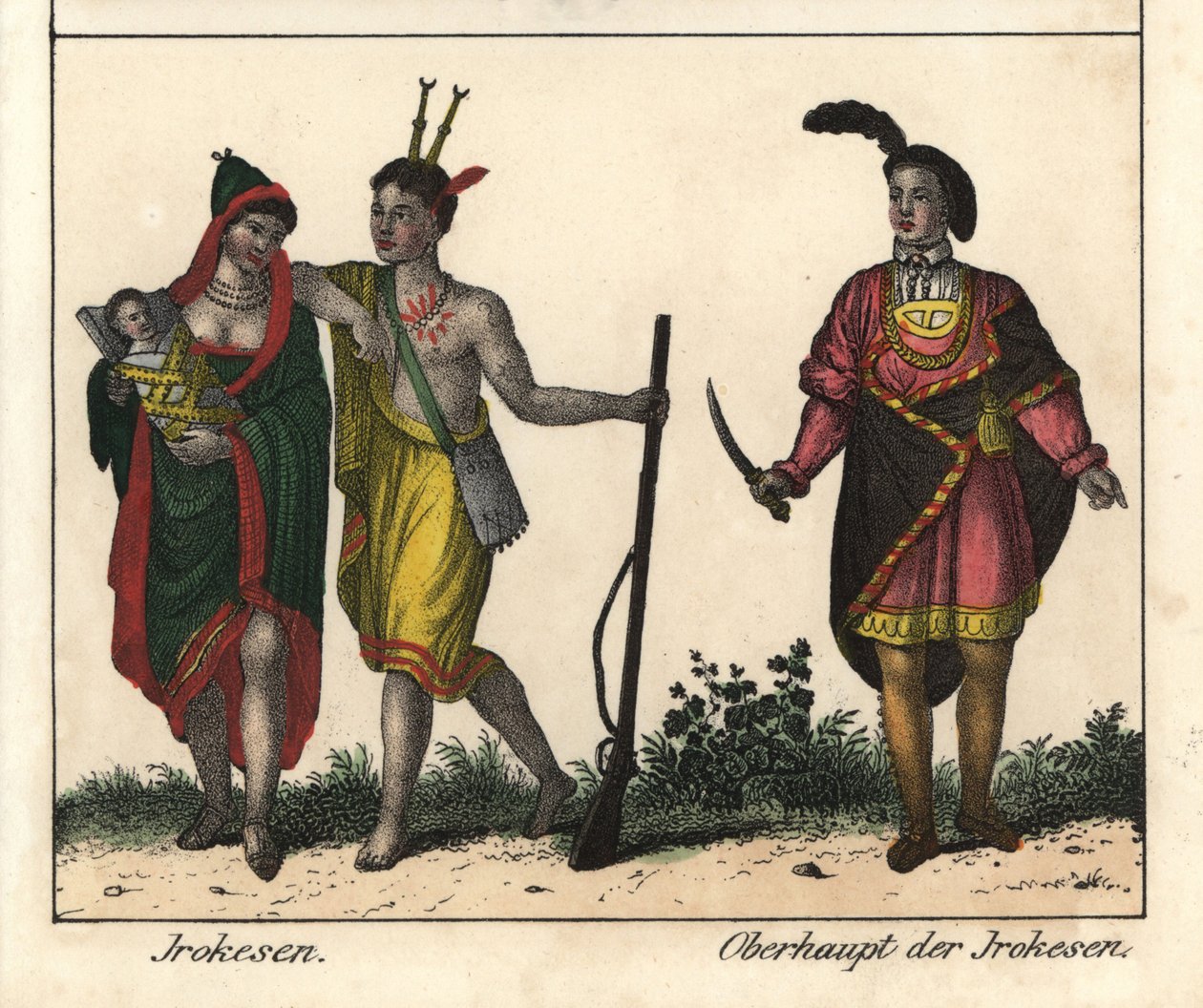 Irokeserindianere, et par med en baby, pistolmanden har tatoveret krop og stammelederen. Litografi til bogen: "Galerie complete en tableaux fideles des peuples d