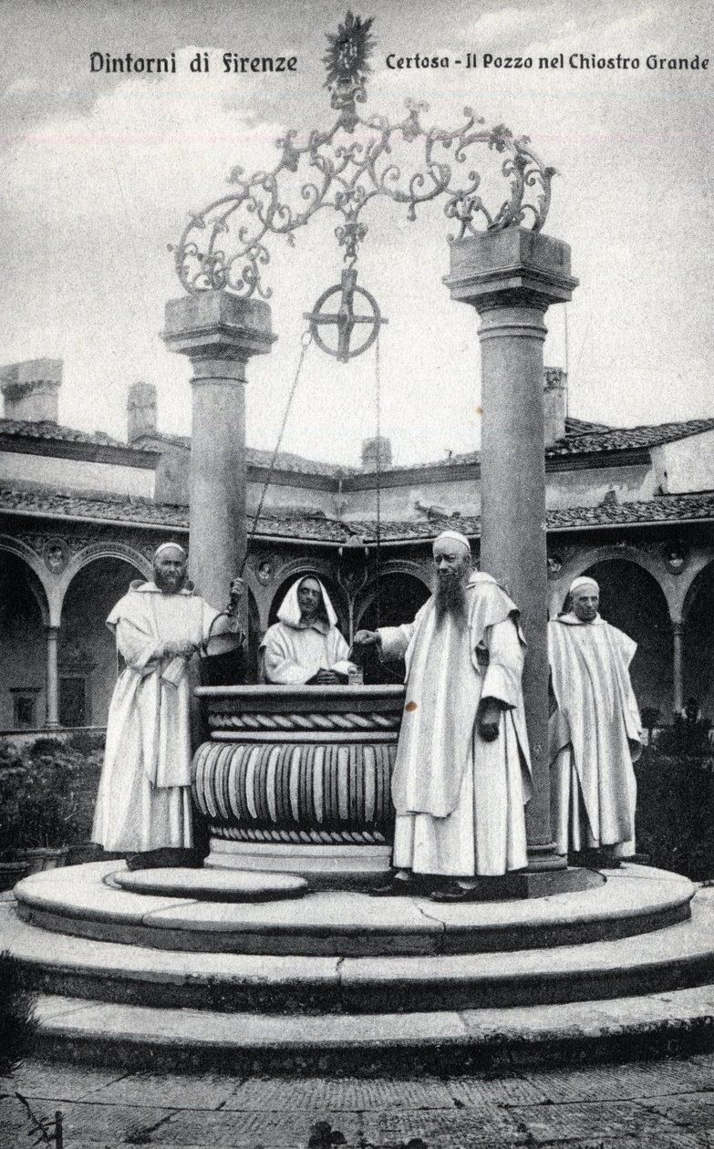 Italien, Firenze, Chartreuse af Galluzzo (Certosa del Galluzzo): brønden i det store kloster - Postkort slutningen af det 19.-20. århundrede af William M. Timlin
