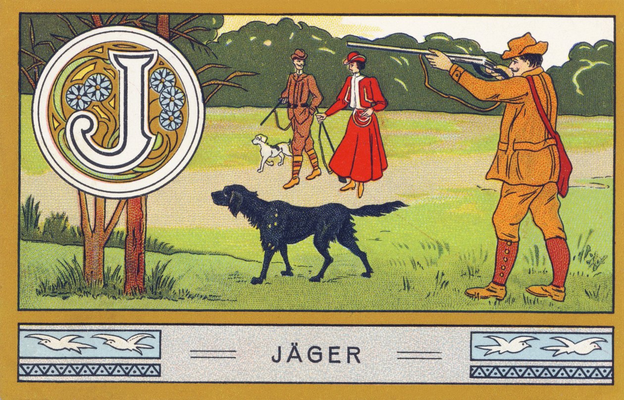 J: Hunter - Alfabet Palmine. Serie af kromolitografier redigeret af H. Schlinck & Cie, Hamburg, s. d. . Annonce for Palmins fineste kokosolie. Mål: 7 x 11 cm af Unbekannter Künstler