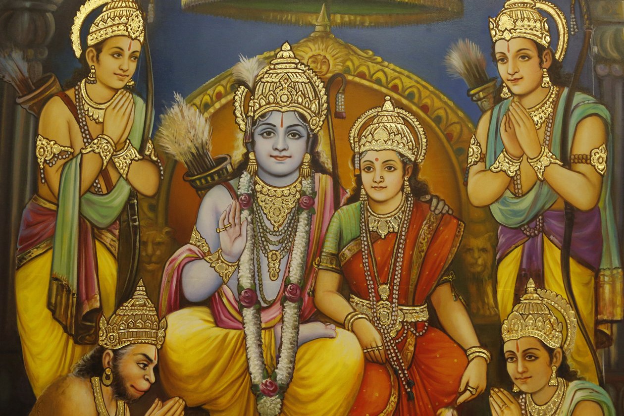 Jalaram Prathanna Hindu Temple, Leicester. Fresco. Rama, Sita med Lakshmana til Ramas højre og Hanuman knælende, og hengivne Storbritannien af Unbekannt
