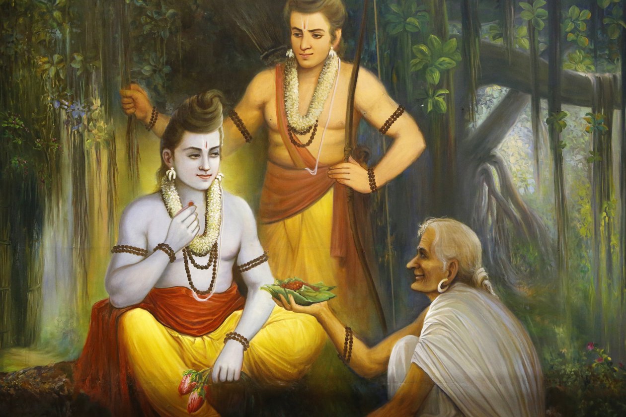 Jalaram Prathanna Hindu Temple, Leicester. Fresco. Ram Meeting Shabari Ho tilbyder mad til Ramkendra. Det Forenede Kongerige af Unbekannt