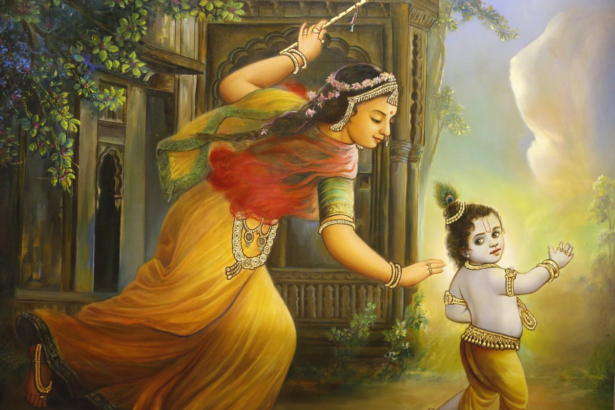 Jalaram Pratna Hindu Temple, Leicester. Fresco. Yashoda og Krishna. Det Forenede Kongerige af Unbekannt