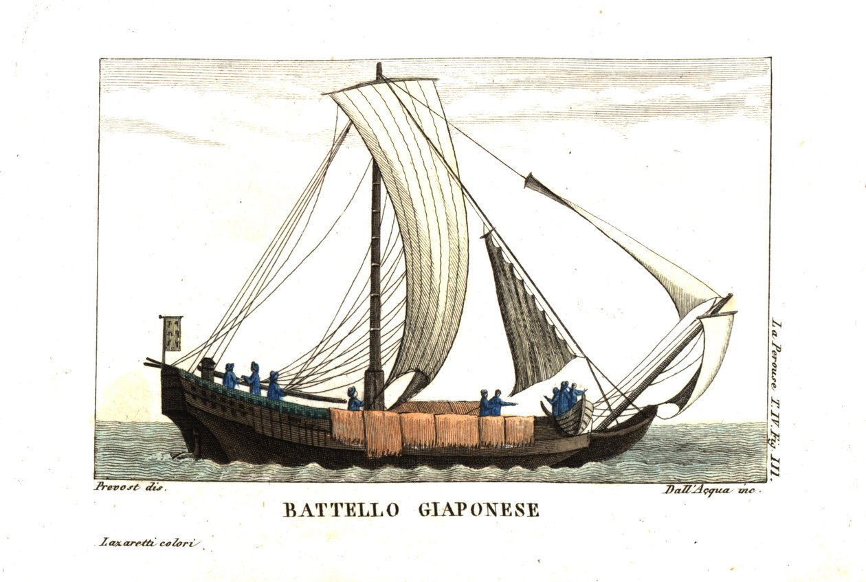 Japansk sejlbåd. Illustration af Jean Louis Prevost fra Jean François de Galaup, jarl af La Perouse (1741-1788) dagbog. Kobberstik af dell