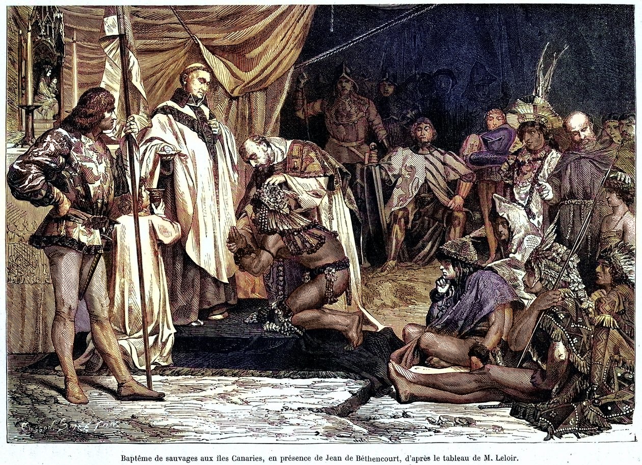 Jean de Bethencourt, normannisk herre, baron de Saint Martin le Gaillard, erobrede og kristnede De Kanariske Øer i januar 1405, fra magasinet "Sur terre et sur mer"" nr. 28, 8. januar af Unbekannter Künstler