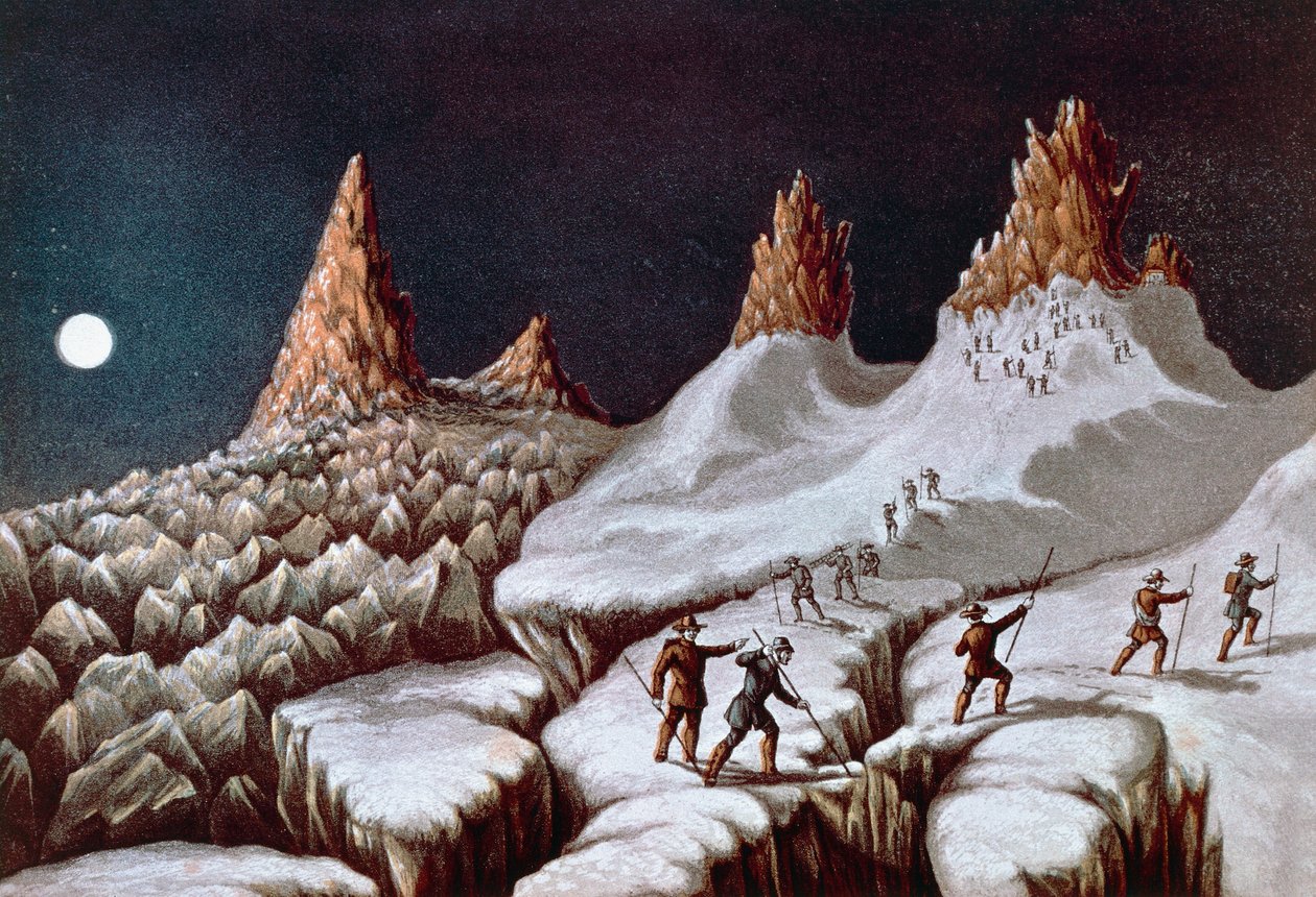 John MacGregors bestigning af Mont Blanc, Grands Mulets rute, illustration fra Narrative of ascent to Mont Blanc, 21. september af William M. Timlin