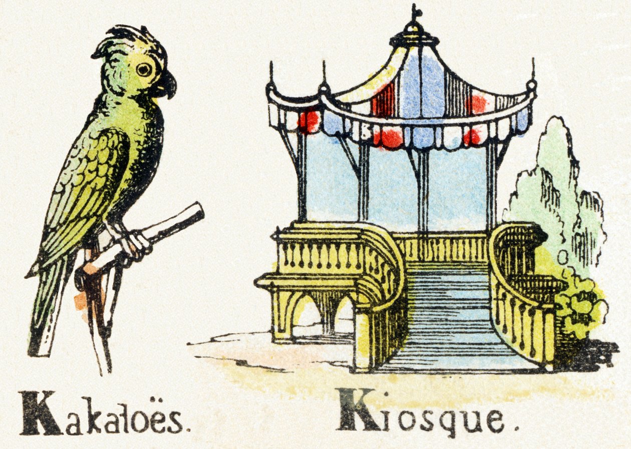 K - Kakatoes Kiosque - Child Entertainment Alphabet c.1890 (litografi) af Unbekannt