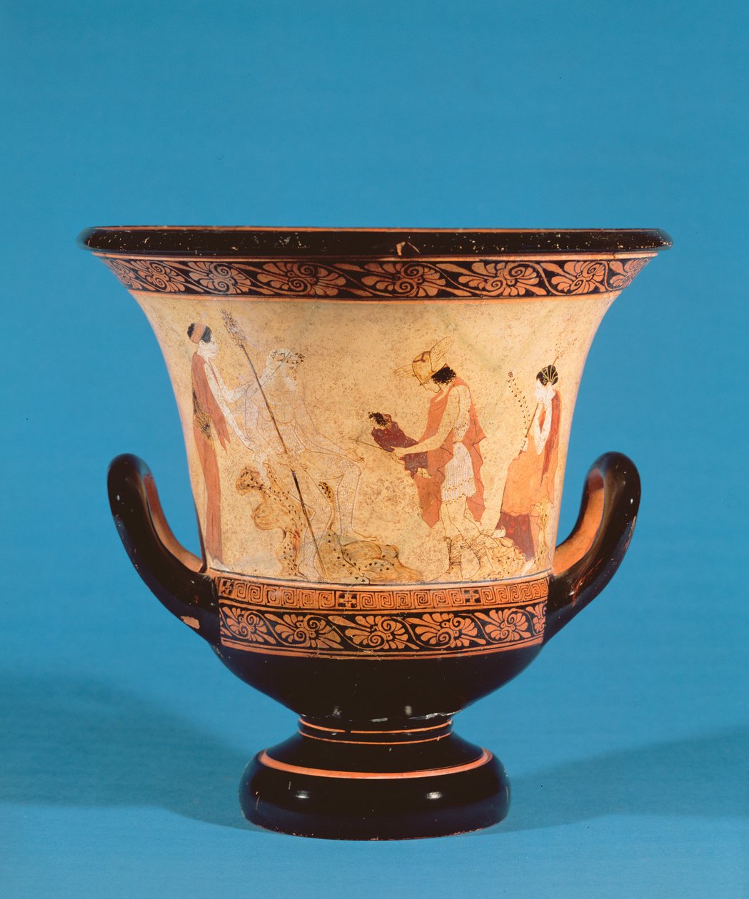 Kalyx krater, der forestiller Hermes, der leverer spædbarnet Dionysos til nymferne, etruskisk, ca. 460 f.Kr. (terracotta) af Unbekannt