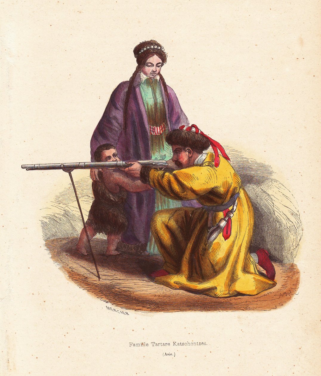 Kazan Tatar Family (Tatarstan, Rusland) - Tatarfamilie fra Kazan, manden i pelshue og pelsforet frakke affyrer en musket, med kvinde i lang frakke og barn i pels - Håndkoloreret træsnit af Mercier fra "Customs, Uses et Costumes de tous les Peuples du Mon af Unbekannter Künstler