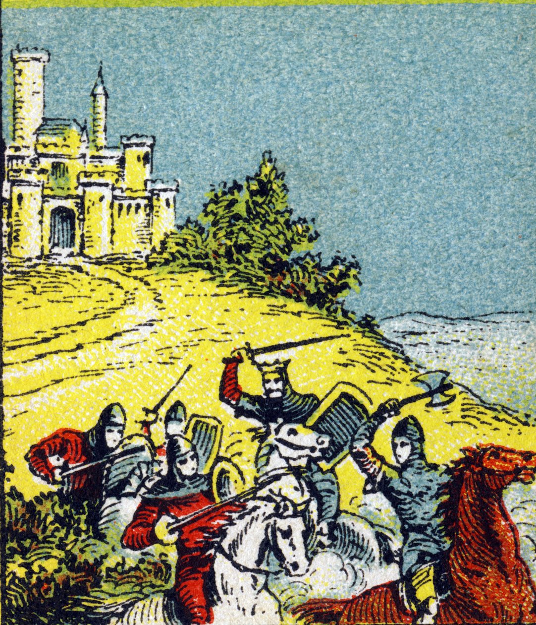 Kong Louis VI Le Gros kæmpede mod røveriet af rigets herrer. Gravering i "Histoire de France". Serie af reklamebilleder udgivet på vegne af Louit, 24 rue d