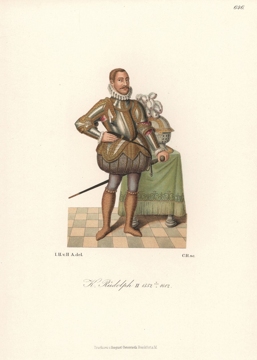 Kong Rudolph II, tysk-romersk kejser, konge af Bøhmen, ærkehertug af Østrig (1552-1612). I blondekrave, pladerustning dekoreret med guld, opskårne polstrede strømper og ringbrynjestrømper. Kromolitografi fra Hefner-Altenecks kostumer, kunstværker og appara af Unbekannter Künstler