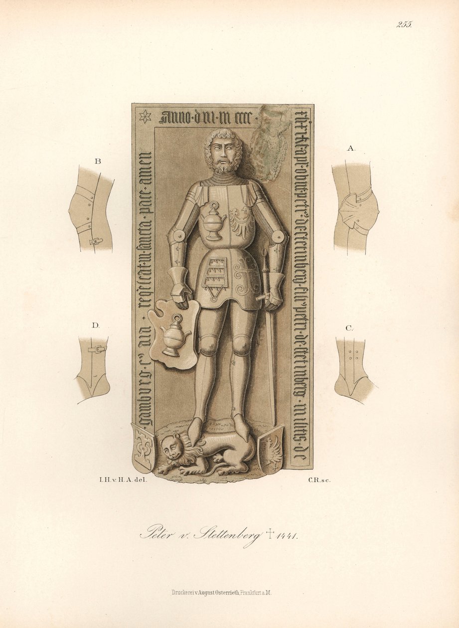 Ridder i rustning fra det 15. århundrede, med detaljer af bindinger på knæ og albuer - Gravsten over Peter von Stettenberg, død 1441 - Kromolitografi, tegning af Jakob Heinrich von Hefner-Alteneck (1811-1903), til hans bog "Costumes, crafts and instrument af Unbekannter Künstler