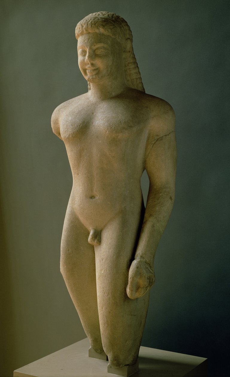 Kouros, græsk, fra Paros, nær helligdommen Asklepios, ca. 540 f.Kr. (marmor) (se også 154092) af Unbekannt