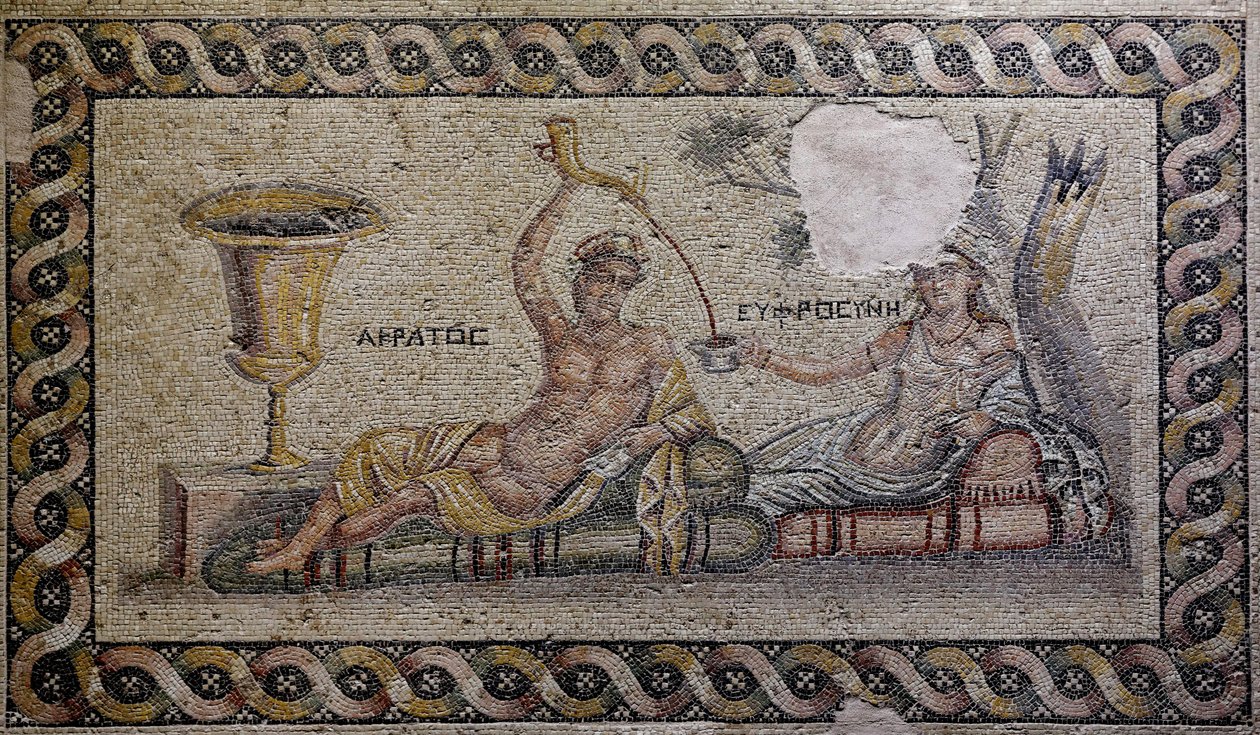 Kratos (Cratos) og Euphrosyne (Euthymia) - Mosaik, Akratos og Euphrosyne, Zeugma Mosaikmuseum, Gaziantep, Region Sydøstlige Anatolien, Anatolien, Tyrkiet, Asien af Unbekannter Künstler