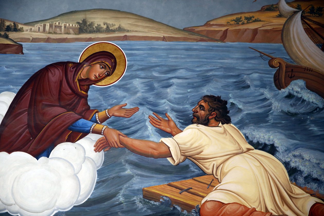 Kykkos kloster, Cypern. Fresco. Jomfru Maria redder en skibbruden sømand, 20150510, Pedoulas, Cypern af Unbekannt