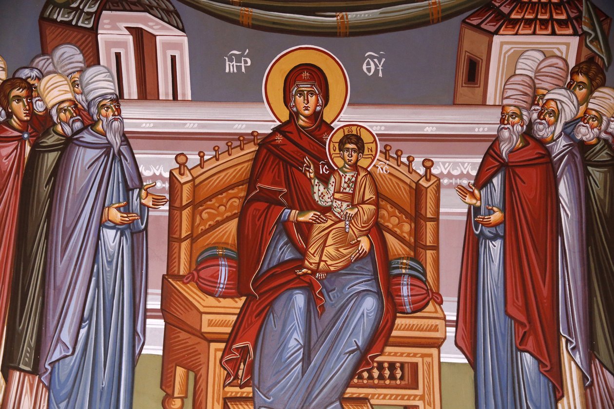 Kykkos kloster, Cypern. Fresco. Jomfru og barn omgivet af talere, 20150510, Pedoulas, Cypern af Unbekannt