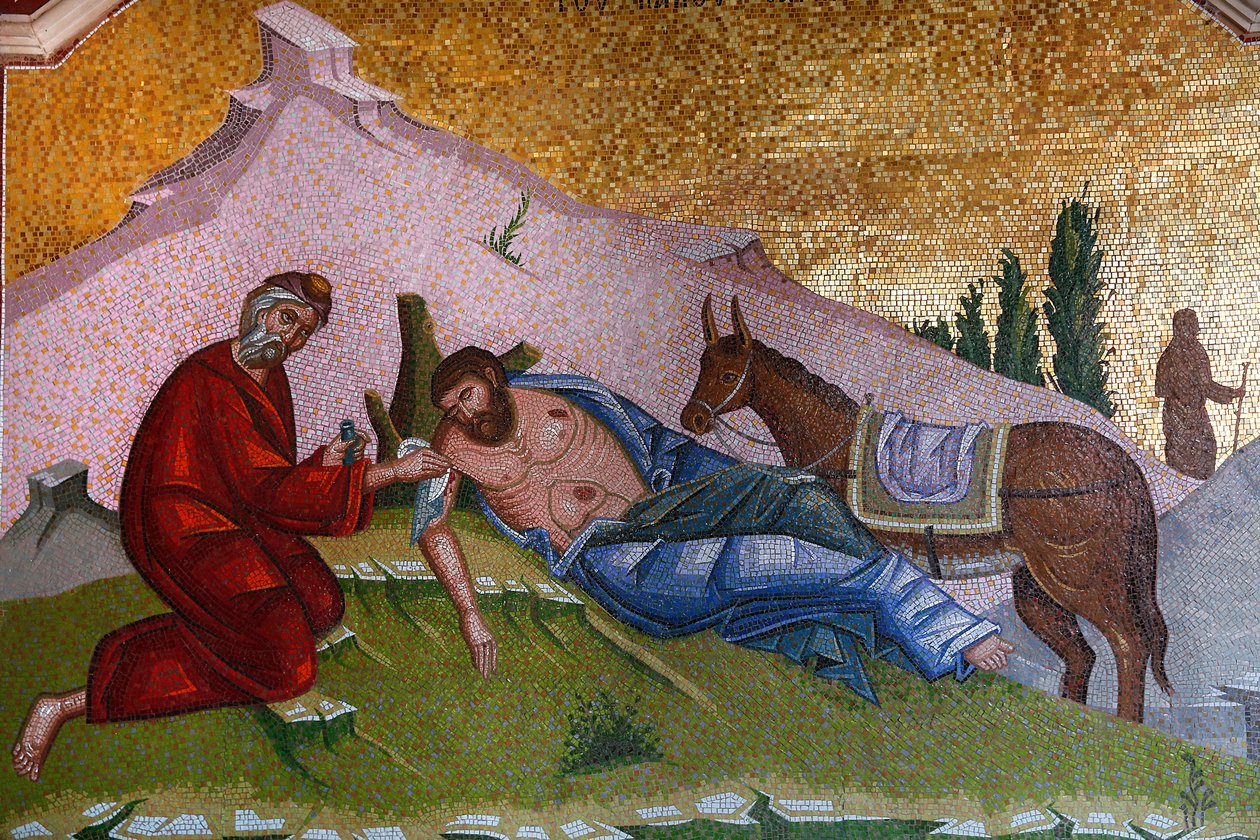 Kykkos kloster, Cypern. Mosaik. Barmhjertige samaritaner, 20150510, Pedoulas, Cypern af Unbekannt