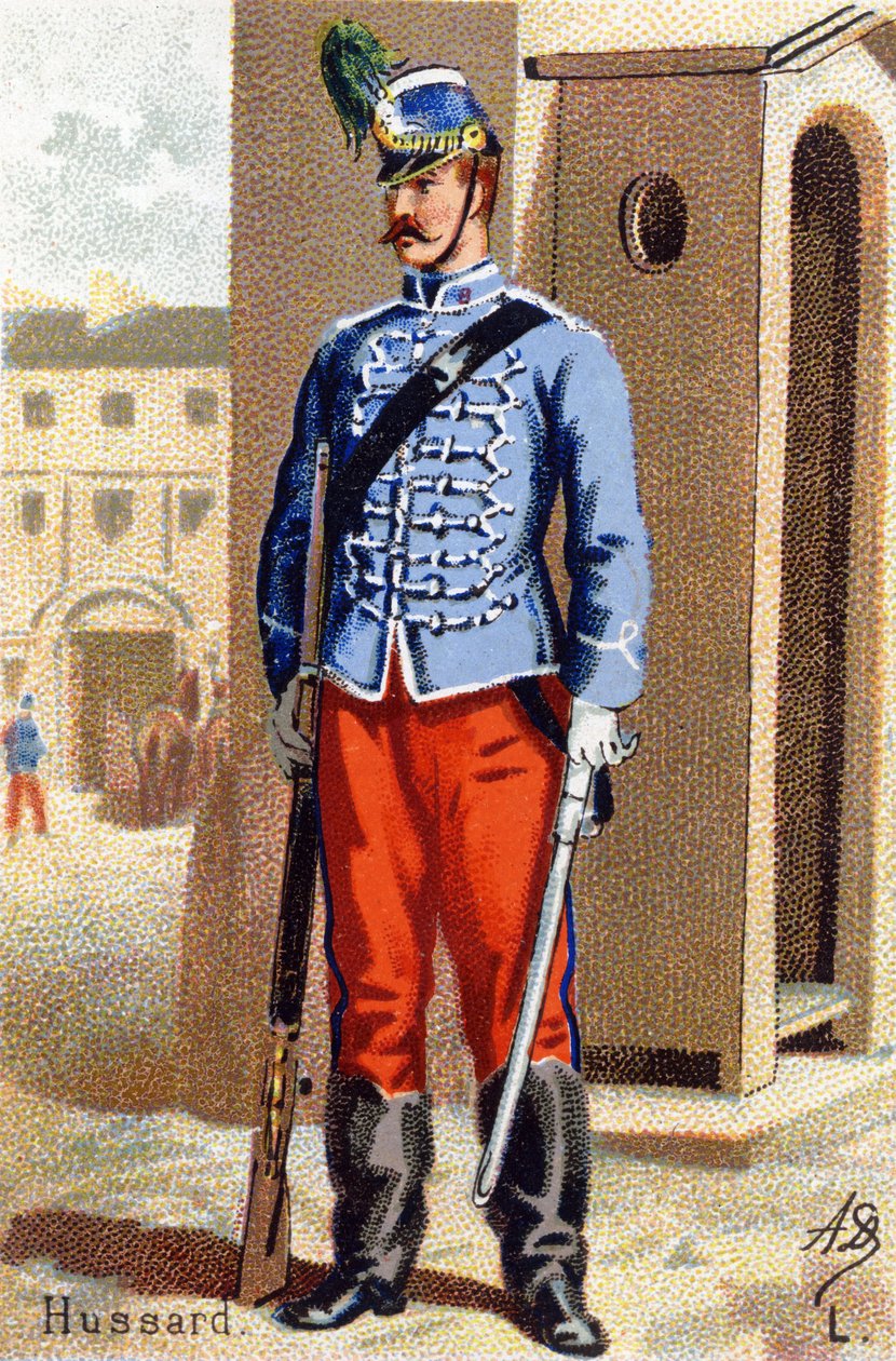 L: Hussard. Indgravering i "Militæralfabet". Illustratorens initialer: A. D. Ukendt forlag. Kromolitografier sidst i det 19. århundrede. Mål: 10,5 x 7 cm. af Unbekannt