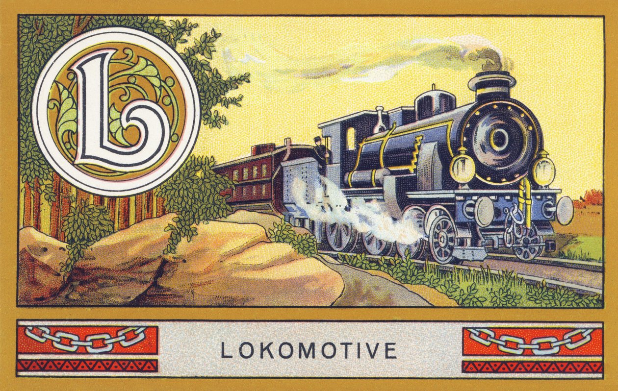 L: Lokomotiv - Alphabet Palmin. Serie af kromolitografier redigeret af H. Schlinck & Cie, Hamburg, s. d. . Annoncering for Palmin feinstes Cocosfett. Mål: 7 x 11 cm af Unbekannt
