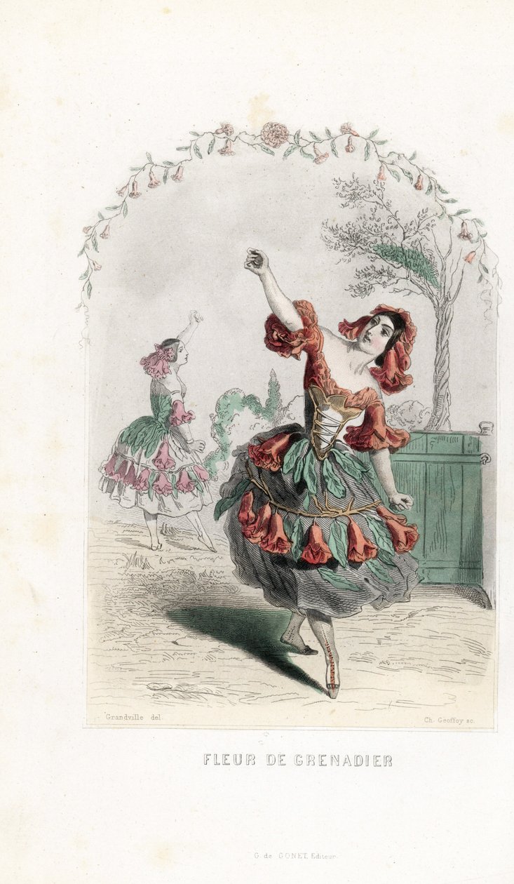 La fee de la fleur de grenade danse - Radering af Charles Geoffroy (1819-1882), baseret på en illustration af Jean Ignace Isidore Gerard dit J.J.J.Granville (1803-1847), for Les fleurs animees af Unbekannter Künstler