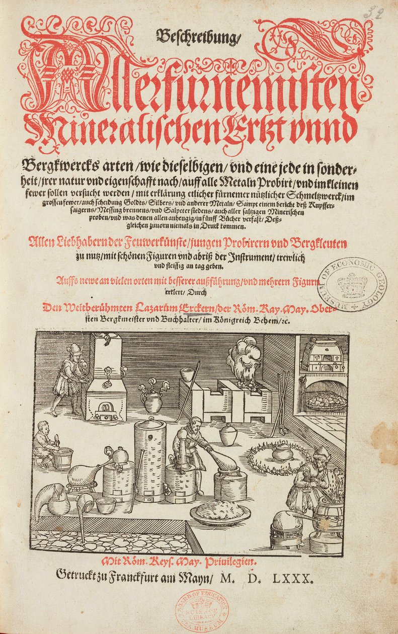 Malmanalyselaboratorium, med ovn, instrument og værktøjer - Titelside fra Beskrivelse af malme og vigtigste minedriftsmetoder, af Lazarus Ecker - Alchemy & Early Chemistry Titelside fra en bog om metallurgi af Unbekannt