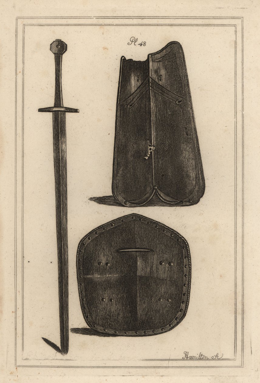 Stor brynje eller kuras 1, skjold perforeret i midten 2 og tohåndssværd, der alle tilhørte Guy, Earl of Warwick 3, kobberstik af J af Unbekannt