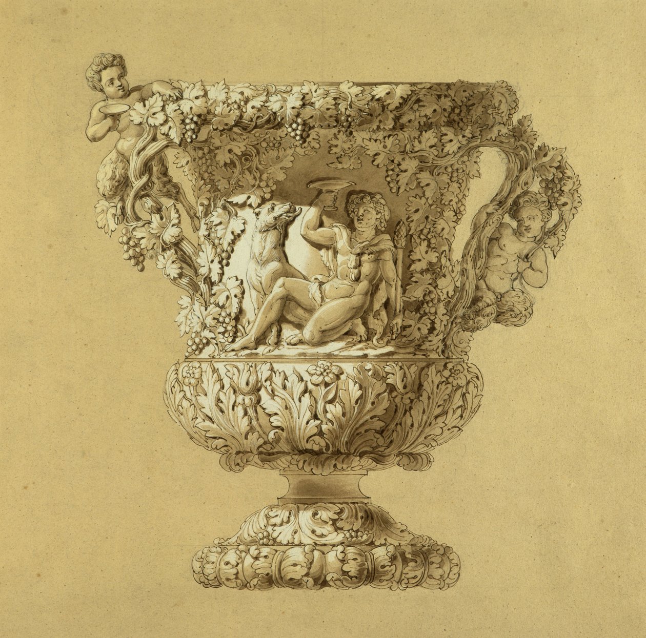 Stor kande vin. Sepia akvareltegning af Charles Nicholas Idiot (Charles-Nicolas Idiot (1789-1868), omkring 1834. af Unbekannt