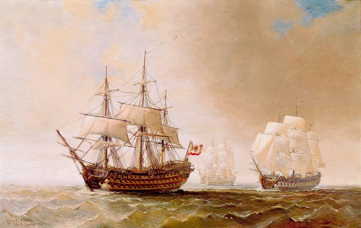 Det spanske skib San Hermenegildo i slaget ved Trafalgar den 21.10.1805: Den fransk-spanske flåde under admiral Villeneuve stod over for den britiske flåde under kommando af viceadmiral Nelson. Anonymt maleri fra det 19. århundrede af Unbekannter Künstler