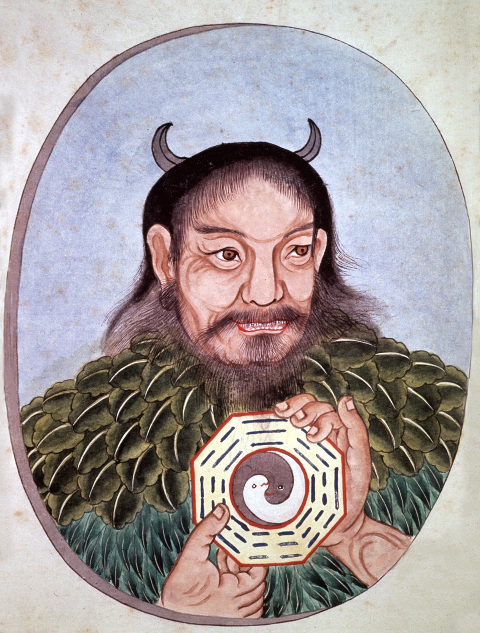 Den legendariske kinesiske kejser Fu Hi, en af grundlæggerne af taoismen (2582 f.Kr.), bærer medaljonen med Yin og Yang, kinesisk gravering, slutningen af 1700-tallet. af Unbekannter Künstler