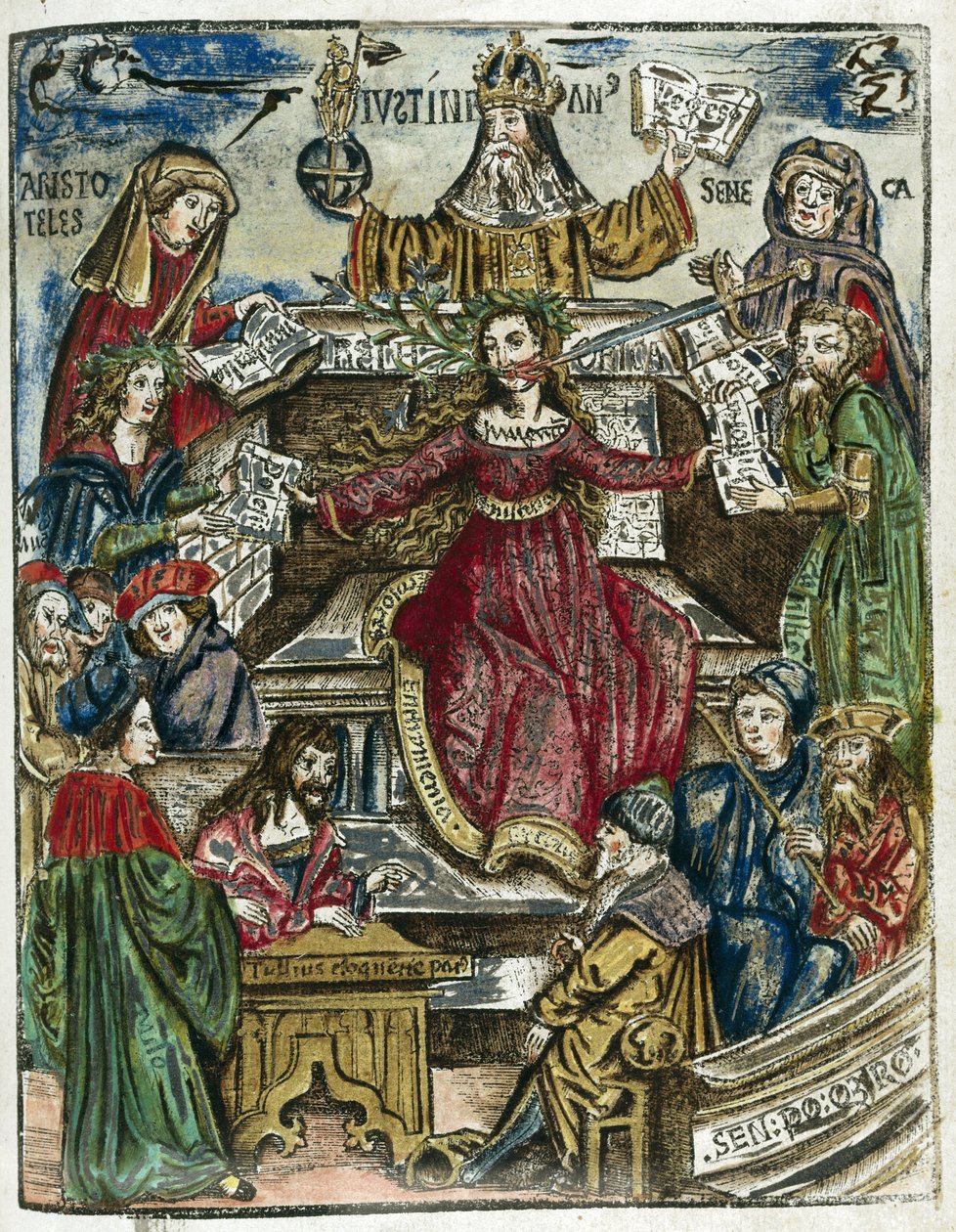 Det 16. århundredes vidensgrene: hver repræsenteret af forskellige personligheder: øverst Aristoteles (384-322 f.Kr.) for filosofi og Seneca (Lucius Annaeus Seneca, 4 f.Kr.-65) for moral af Unbekannt