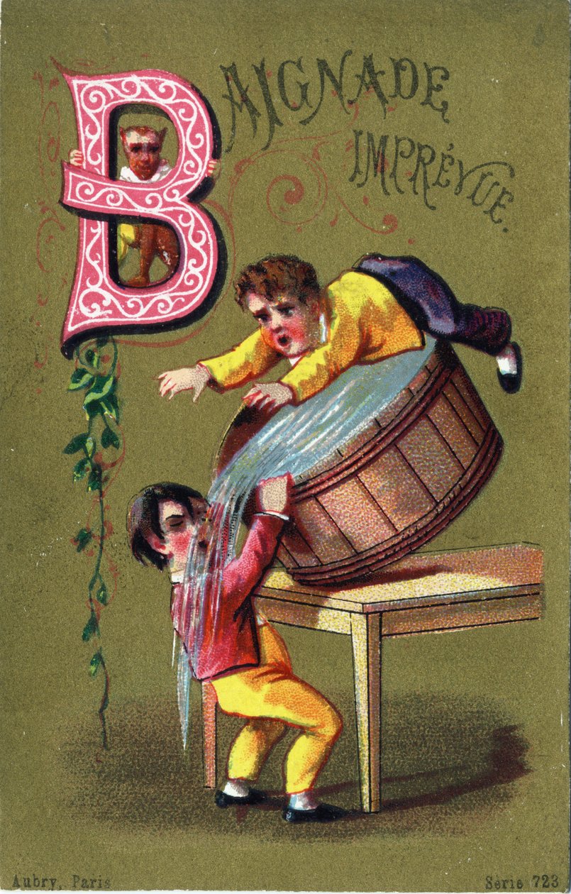 Bogstav B: Impreviewet badning. Indgravering i "Alphabet des grotesques". Serie af 25 reklamekromolitografier på en dore baggrund, slutningen af det 19. århundrede. Mål: 11x7 cm af Unbekannt
